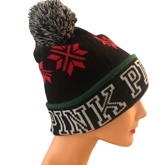 Pink Victoria’s Secret Stocking Cap Beanie Pom Pom Spelled Out Logo Black Red OS - Picture 2 of 5